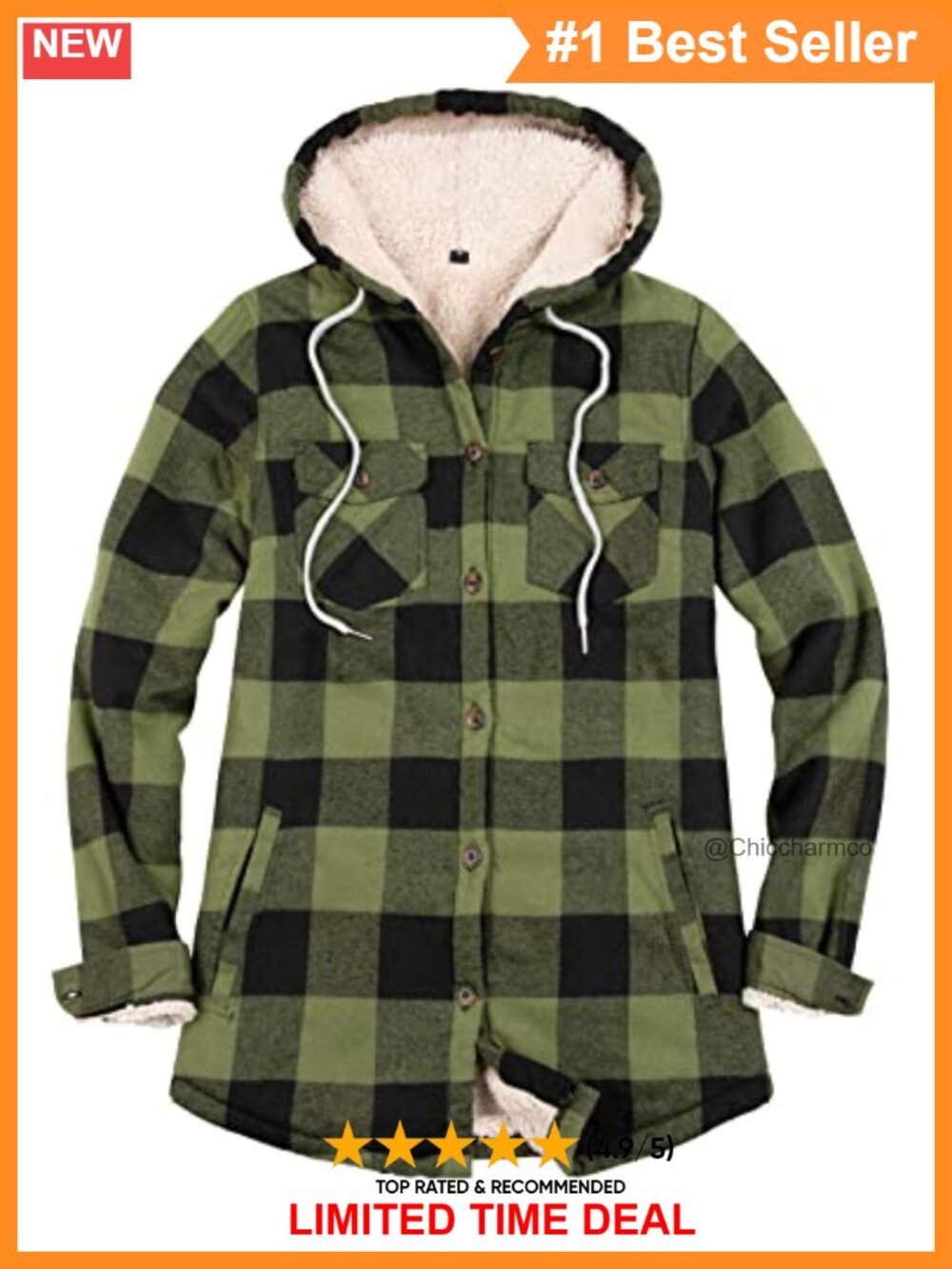 Sherpa Lined Hooded Flannel Jacket Button Down Plaid Long Sleeve